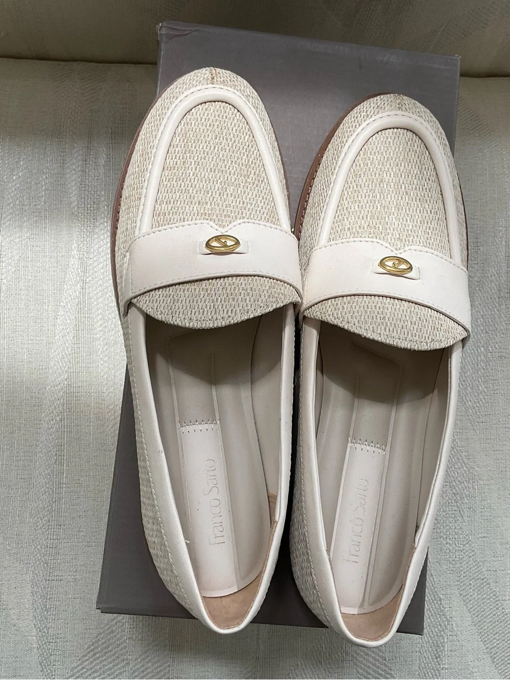 Franco Sarto Cream Woven Loafers with Gold Emblem